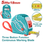 TOTAL 5m Steel Measuring Tape 19mm – Metric Tape Measure with 3 Stop Buttons & Rubber Cover (TMT126051M)