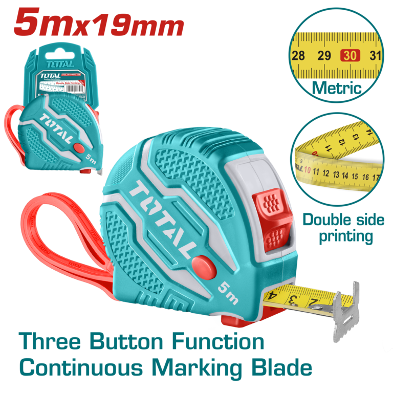 TOTAL 5m Steel Measuring Tape 19mm – Metric Tape Measure with 3 Stop Buttons & Rubber Cover (TMT126051M)