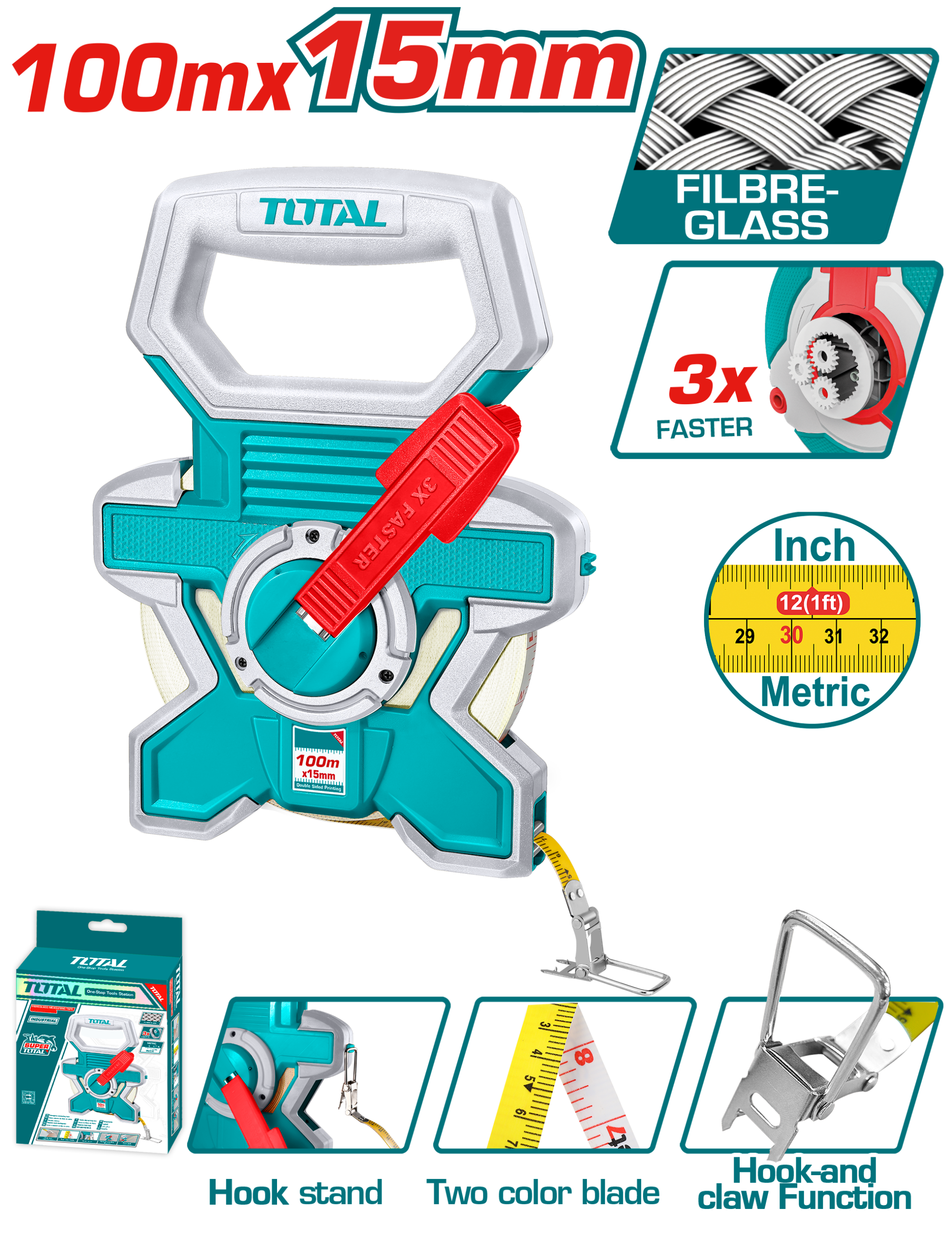 TOTAL 100m Fiberglass Measuring Tape – 15mm Wide with 3:1 Fast Rewind (TMTF181006)