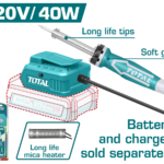 TOTAL 20V Cordless Soldering Iron 40W – Portable Battery-Powered Soldering Tool (TSILI2001)