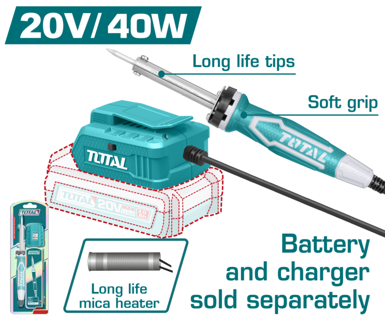 TOTAL 20V Cordless Soldering Iron 40W – Portable Battery-Powered Soldering Tool (TSILI2001)