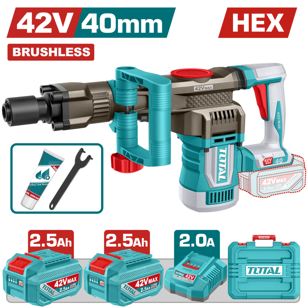 TOTAL 42V Brushless Cordless Demolition Breaker 20J – SDS HEX with 2 Batteries & Charger (TDBLI424062)