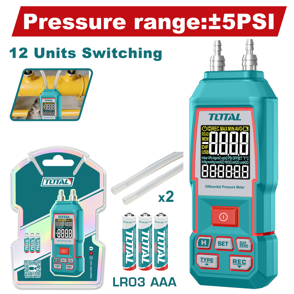 TOTAL Digital Differential Manometer ±5 PSI – Air Pressure Gauge with Backlit Display & 11 Measurement Units (TETGA032)