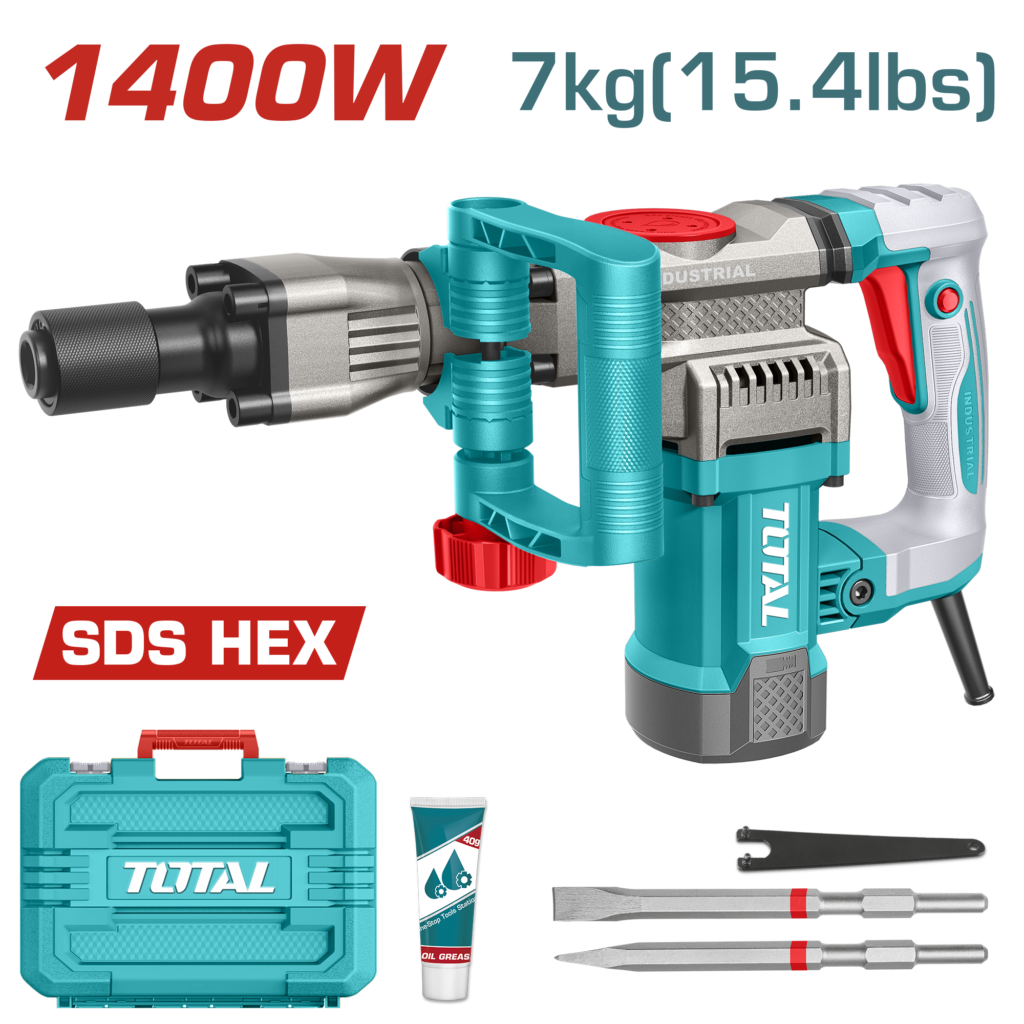 TOTAL 1400W Electric Demolition Breaker 20J – 7kg HEX Jack Hammer with Anti-Vibration System (TH214008)