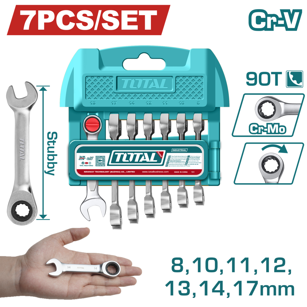 TOTAL 7 Pcs Short Ratchet Spanner Set 8–17mm – 90 Teeth Cr-V Steel Combination Wrenches (THT103RK176)