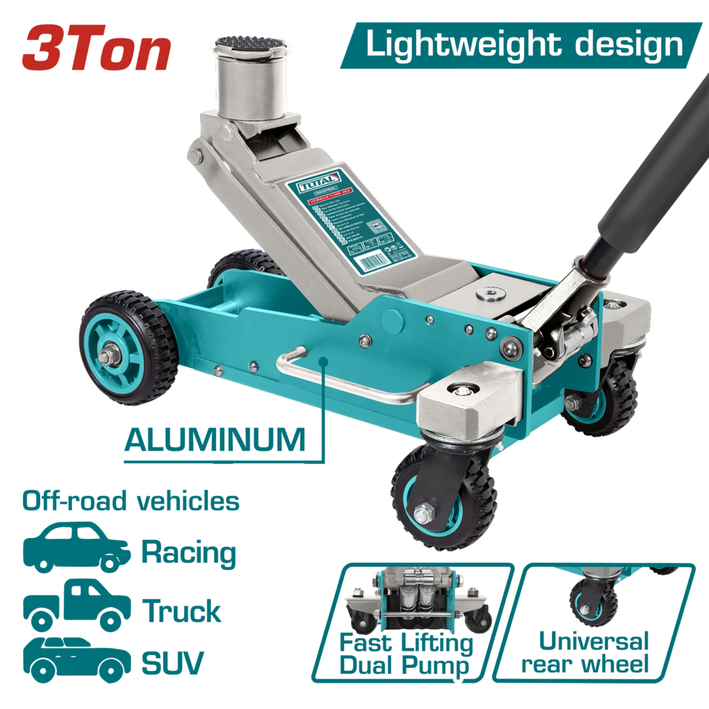 TOTAL 3 Ton Hydraulic Floor Jack – Off-Road Heavy-Duty Jack with Extended Lifting Head & Large Rubber Wheels (THT10803)