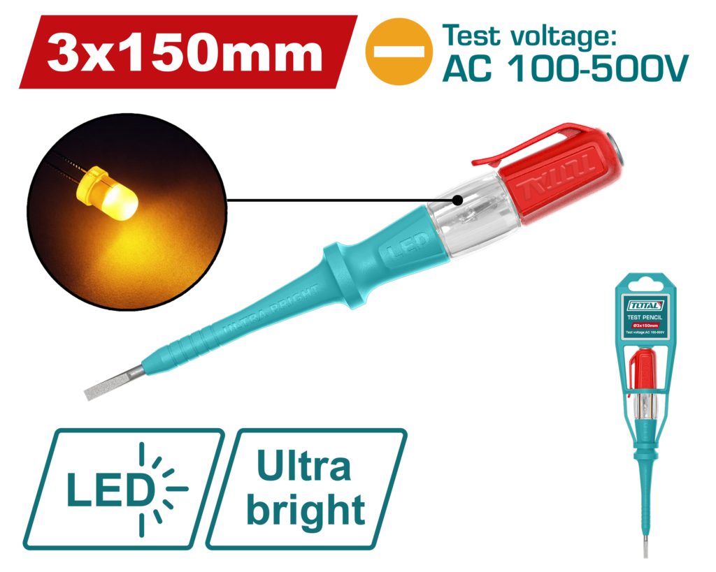 TOTAL Electric Voltage Tester Screwdriver 100–500V AC – Battery-Free LED Test Pencil 150mm (THT291518)