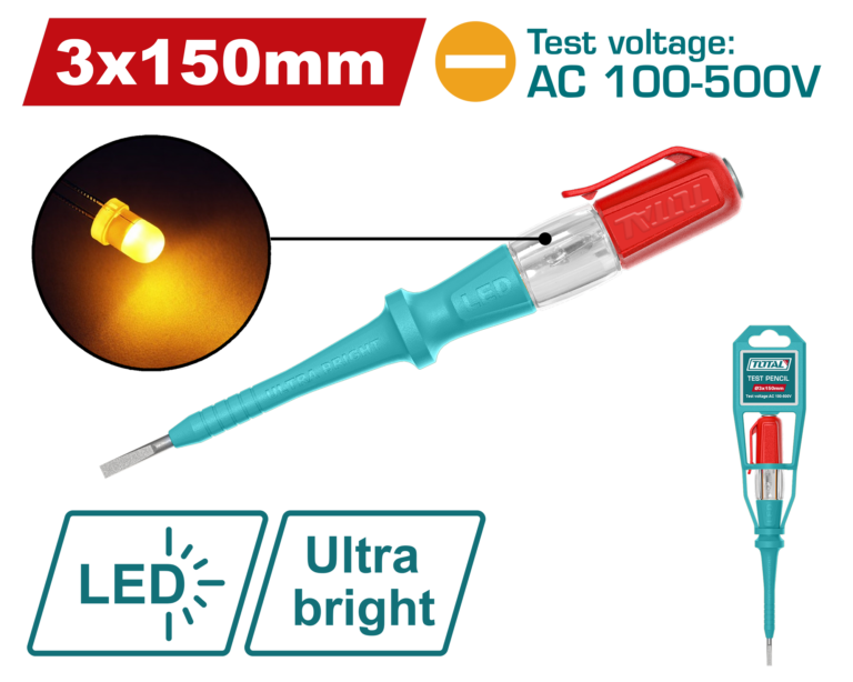 TOTAL Electric Voltage Tester Screwdriver 100–500V AC – Battery-Free LED Test Pencil 150mm (THT291518)