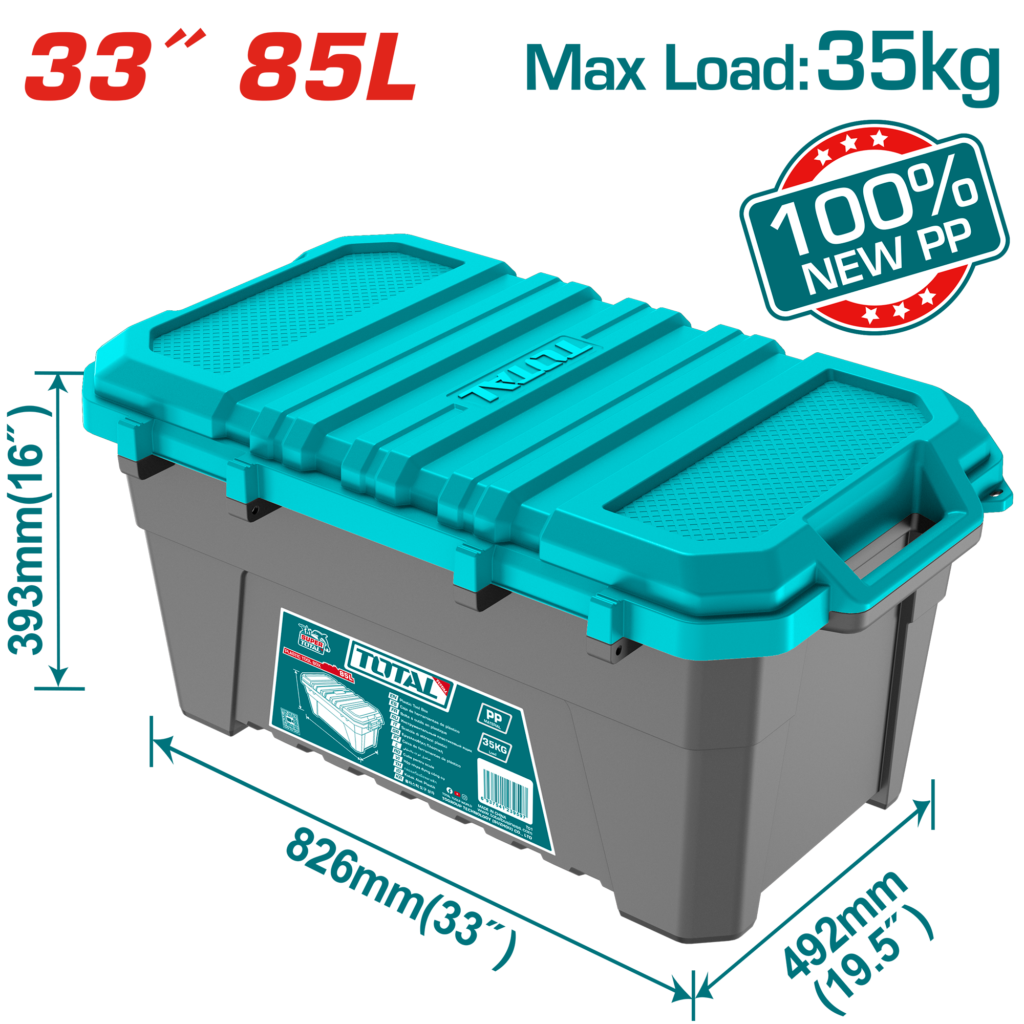 TOTAL 33" Heavy-Duty Plastic Tool Box 85L – PP Storage Box with Metal Buckles & 35kg Load Capacity (TPBX0332)